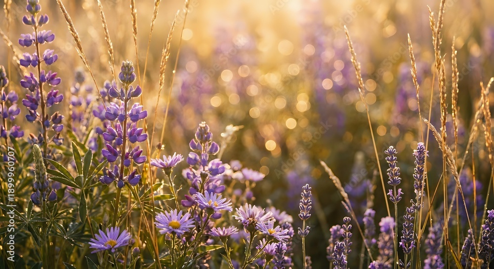 Obraz premium Purple wildflowers and lupines in golden sunset light with warm bokeh background creating dreamy meadow atmosphere for nature photography projects.