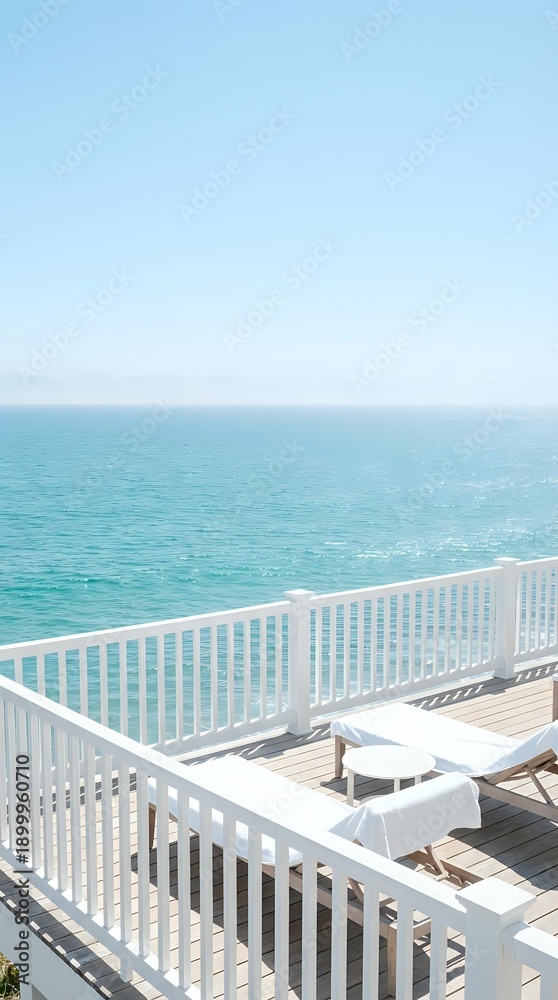 Fototapeta premium Serene ocean view from white wooden deck with lounge chairs overlooking turquoise water and clear blue sky for vacation relaxation and coastal living.