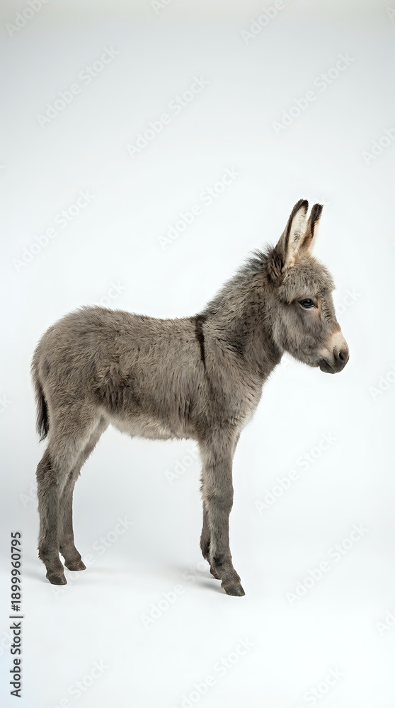Obraz premium Gray donkey foal standing in profile on white background, isolated farm animal ready for design projects and educational materials.