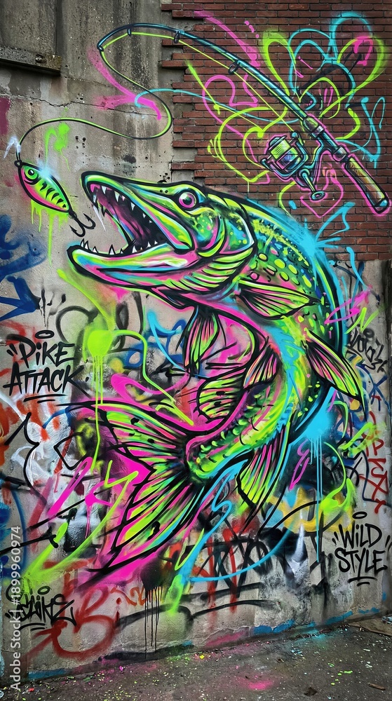 Fototapeta premium Colorful graffiti mural featuring a pike fish attacking a lure with a fishing rod. Urban street art for fishing and outdoor events.