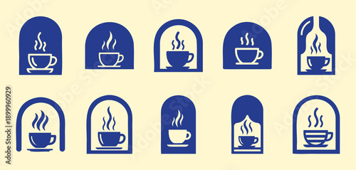 Hot Coffee Cup Icons Set with Steam, Warm Beverage Symbols, Cozy Cafe Logo Design Vector Illustration
