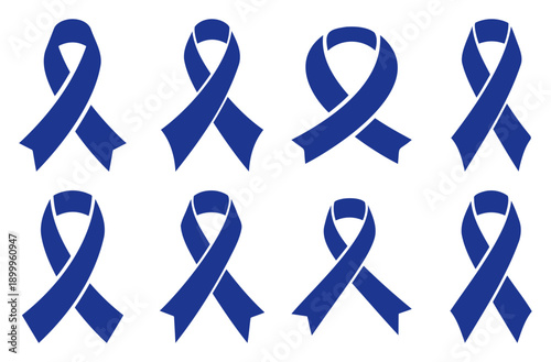 Set of eight dark blue awareness ribbons for medical campaigns and social causes Vector