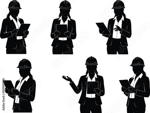 Female engineer silhouette set wearing helmet using tablet clipboard, professional construction inspection vector illustration design