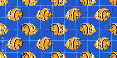 Seamless pattern with tropical fish and coral on blue background. Playful underwater design for kids textiles, wrapping paper, and summer beach themes