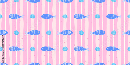 Seamless pattern with blue tropical fish and coral on soft pink background. Playful underwater design for kids textiles, wrapping paper, and summer beach themes
