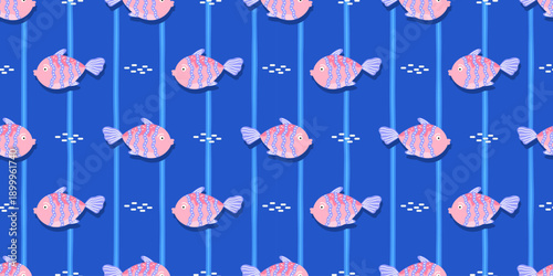 Seamless pattern with tropical fish and coral on blue background. Playful underwater design for kids textiles, wrapping paper, and summer beach themes