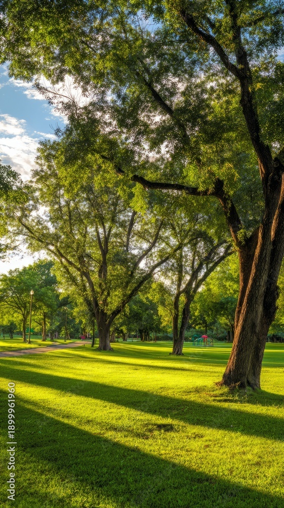 Fototapeta premium hour. Serene park landscape bathed in golden hour light, highlighting nature's tranquility. travel magazines, destination branding, designed for travel destination branding, used by motion designers. 