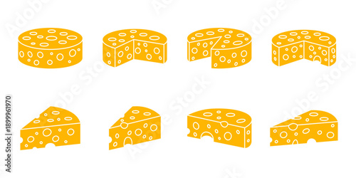 Yellow Cheese Icons Set with Sliced and Whole Shapes in Flat Style