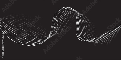 Wave dots abstract pattern. Flow of white curved dotted lines vector illustration isolated on black background. Dynamic shiny swirl backdrop. Digital, technology, ia, music, modern design element.