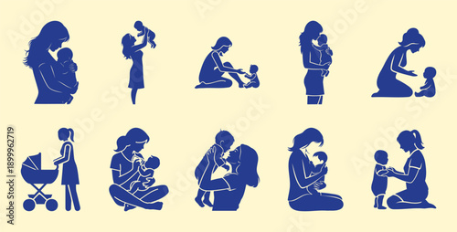 Blue silhouettes of mothers and babies in various poses on a light background. Vector