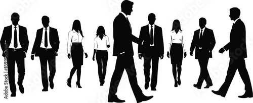 Business people silhouettes walking together, corporate teamwork, leadership, professional office group, career success concept illustration