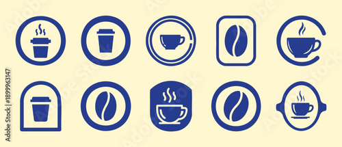 Collection of blue coffee icons featuring cups and beans in various geometric frames Vector