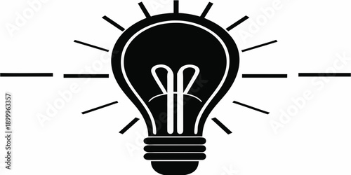 Black silhouette of a light bulb with radiating lines and a screw base