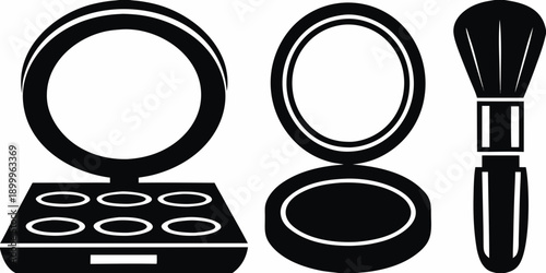 Black and white illustration of makeup tools mirrors and a brush