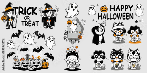 A collection of charming halloween illustrations and lettering