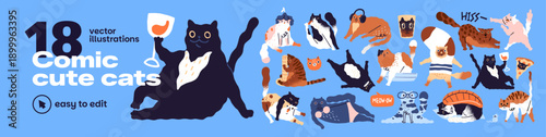Set of cute comic cats in different funny poses. Various kitties play, sit, stretch and scratch. Naughty domestic animals. Adorable pets have fun. Flat isolated hand drawn vector illustrations.