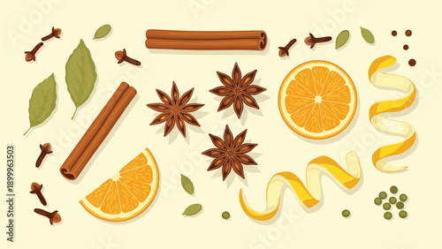 Decorative arrangement of aromatic winter spices including cinnamon sticks star anise and cloves with fresh orange slices and peel.