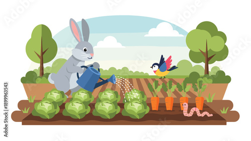 Cheerful cartoon rabbit using a blue watering can to tend to a vegetable patch with cabbages carrots a small bird and a happy worm.