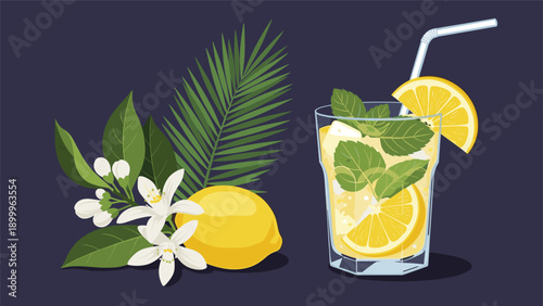 Refreshing mint mojito cocktail in a glass with a straw and lemon slices placed next to delicate white citrus blossoms and leaves.