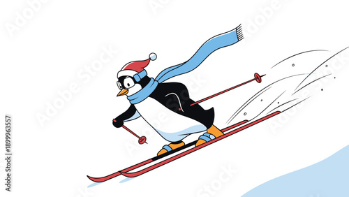 Cute cartoon penguin wearing a red santa hat and blue scarf skiing down a snowy slope leaving a trail of white snow behind him.