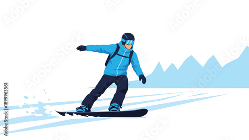 Skilled snowboarder in a blue winter jacket and black pants carving through the snow on a mountain slope under a clear white sky.