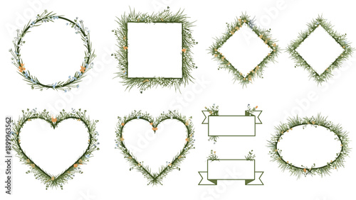 Collection of elegant floral frames in various shapes like circle heart and square decorated with green grass and small wildflowers.