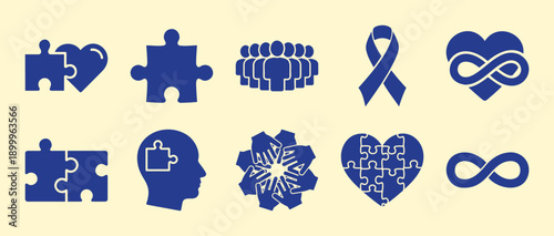 A collection of blue autism awareness icons including puzzle pieces and infinity symbols Vector