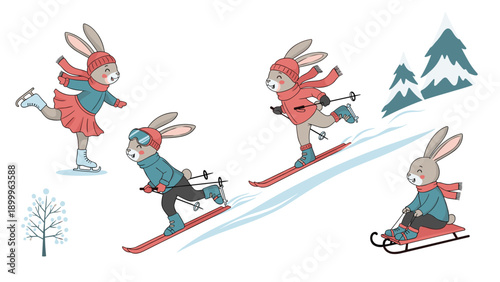 Adorable cartoon rabbits enjoying various winter sports like ice skating skiing and sledding in a snowy landscape with pine trees.