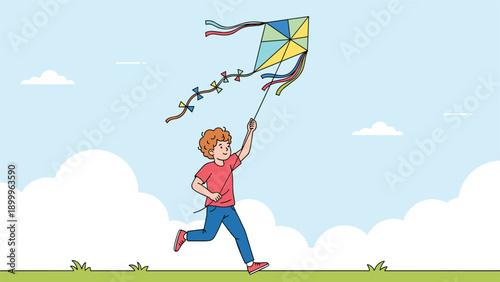 Little boy in a red t-shirt running across a green field while flying a colorful diamond shaped kite on a bright sunny day with clouds.