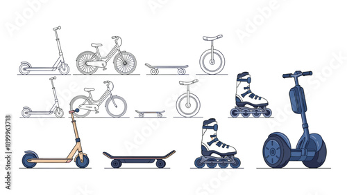 Collection of urban transport icons in line art and colored styles featuring scooters, bicycles, skateboards, and rollerblades.