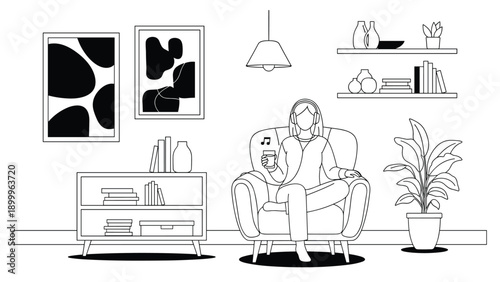 Line art illustration of a woman relaxing in an armchair at home while listening to music and drinking coffee in her living room.