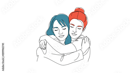 Minimalist line drawing of two women sharing a warm and supportive hug with colorful hair accents on a white background.