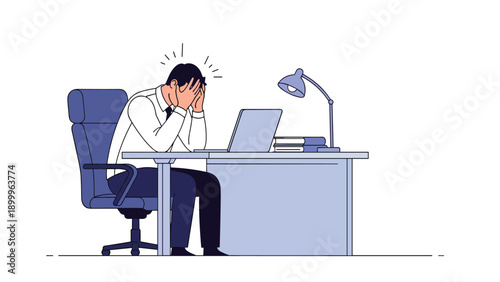 Stressed businessman sitting at his desk in an office with a laptop, holding his head in his hands from work pressure.