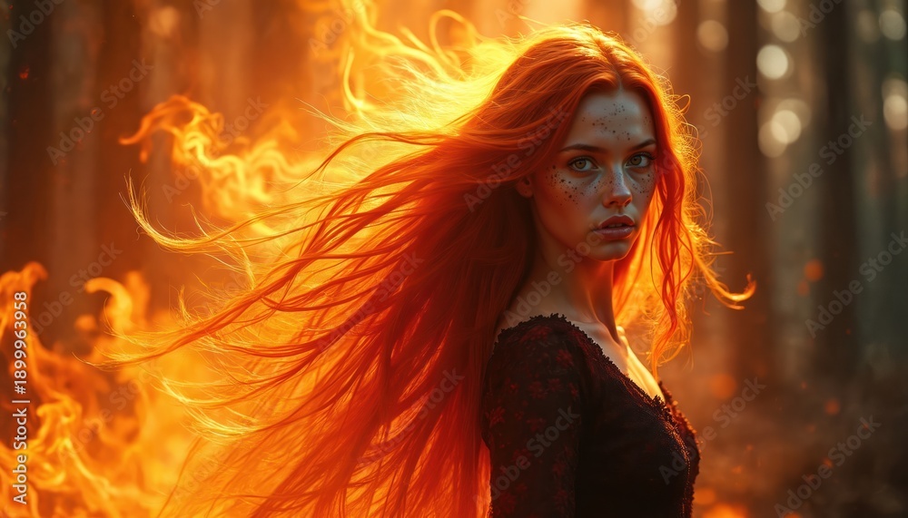 Fototapeta premium Woman with long red hair stands against backdrop of flames, smoke. Fiery mane cascades around, illuminated by intense orange light. Wears dark, ornate dress. Forest setting with bokeh lights adds