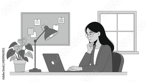 Black and white illustration of a focused woman wearing glasses working on a laptop at a desk with a lamp and a potted plant nearby.