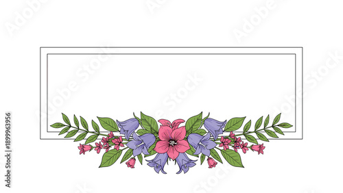 Simple rectangular frame decorated with a beautiful cluster of blue and pink bellflowers and green leaves at the bottom border.