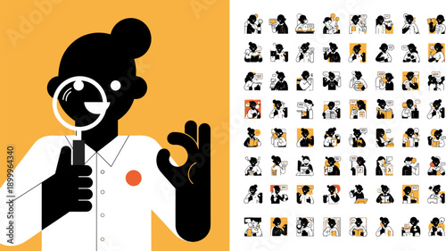 Character illustration set, emotional expressions, stylized people in action, modern flat design, diverse poses, magnifying glass, OK gesture, orange background