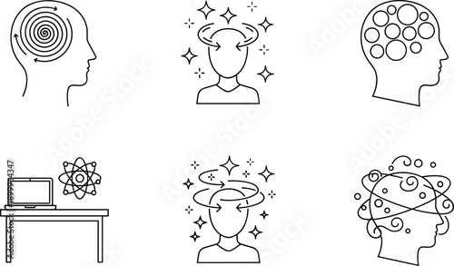 Mental health concept, cognitive science illustration, abstract thinking icons, psychological states, brain activity, neuroscience symbols, emotional clarity, confusion, inspiration, research, educati