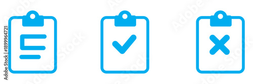 Outline clipboard icon set with checkmark and cross, Checklist Report Symbol, Task Management UI Element, Document Edit Graphic, Line Art Vector Collection