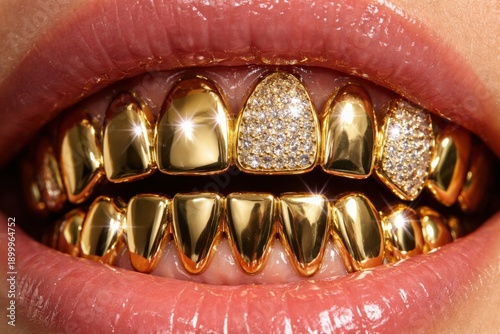 Close-up of glossy lips revealing gold and diamond dental grills on upper and lower teeth, gleaming with bright sparkles.