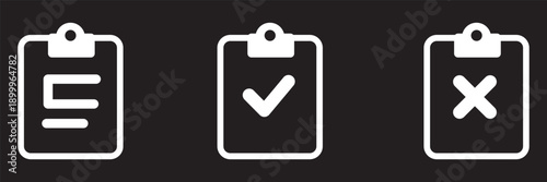 Outline clipboard icon set with checkmark and cross, Checklist Report Symbol, Task Management UI Element, Document Edit Graphic, Line Art Vector Collection