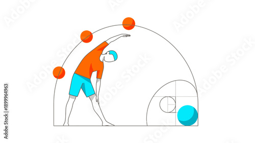 Optimal Movement and Fitness: Man Stretching within the Golden Ratio Fibonacci Spiral. Geometric Balance and Body Harmony Vector Illustration.