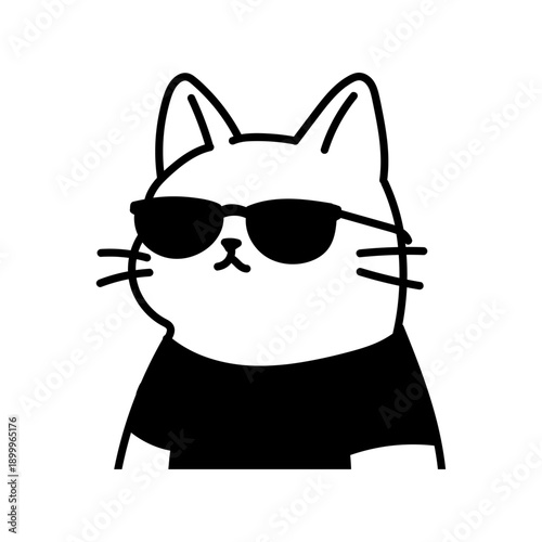 A confident and stylish cartoon cat, sporting cool sunglasses and a dark top, exudes an effortlessly chill and mysterious vibe, perfect for modern design elements and branding