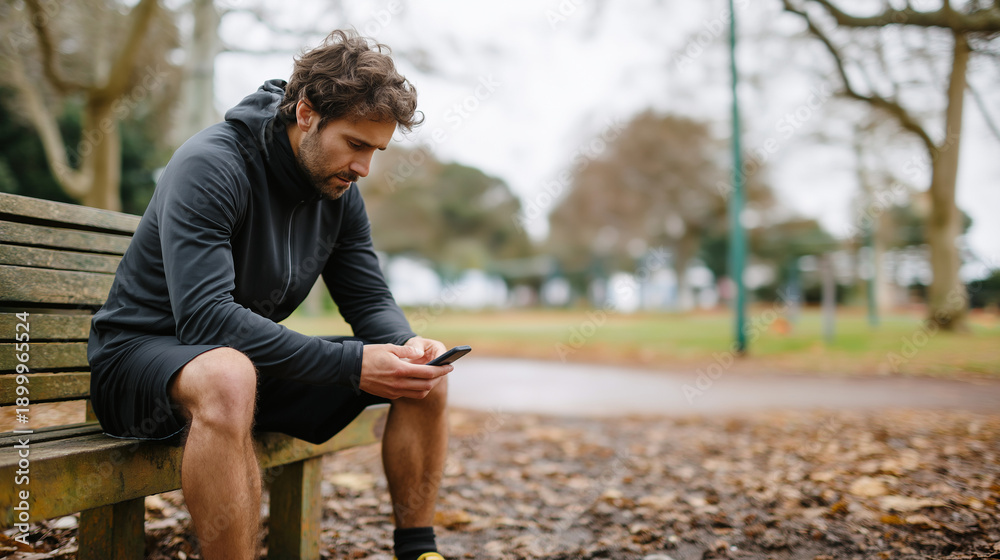 Fototapeta premium Person sitting on wooden bench checking phone outdoors, casual break in park with athletic equipment nearby, leaf litter and leafless trees surrounding area, reflective mood and co