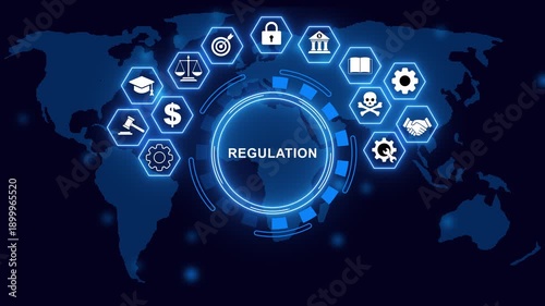 Digital regulation concept with audit, risk management, security, finance and corporate governance on digital world map.