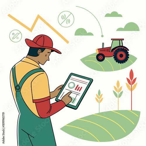 Farmer Using Smart Agriculture Tech for Field Monitoring Flat Vector