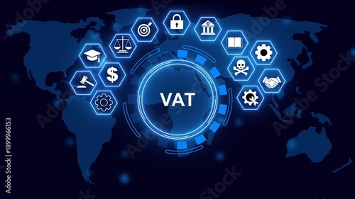 A VAT concept button on a clear projection ,business, technology and network concept with digital world map.