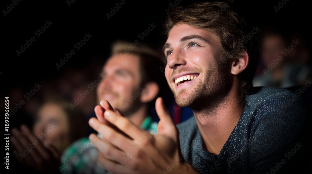 Obraz premium applause. A person clapping with happiness against a softly blurred auditorium background. wellbeing guides, coaching materials, designed for mental health education and mindfulness programs. 