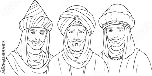 Three Wise Men Line Art Illustration, Biblical Magi Characters Outline Drawing