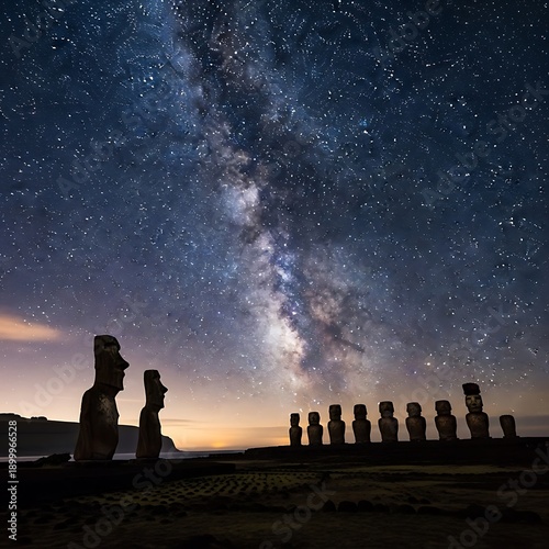 Ancient stone guardians rise against a celestial canvas, with the majestic Milky Way illuminating the mystical night sky above a remote and historic island landscape
